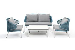 "Милан" лаунж-зона 4-местная плетеная из роупа (веревки), каркас алюминиевый светло-серый, роуп бирюзовый