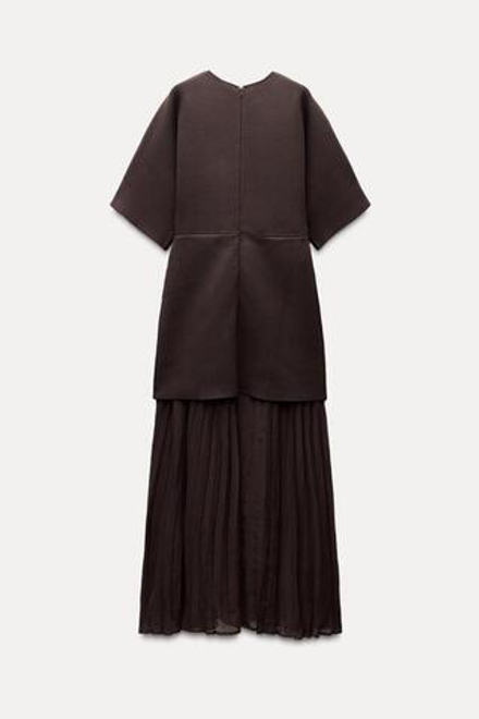ZARA ТРИКОТАЖНОЕ ПЛАТЬЕ С ПЛИССИРОВКОЙ, КОРИЧНЕВЫЙ