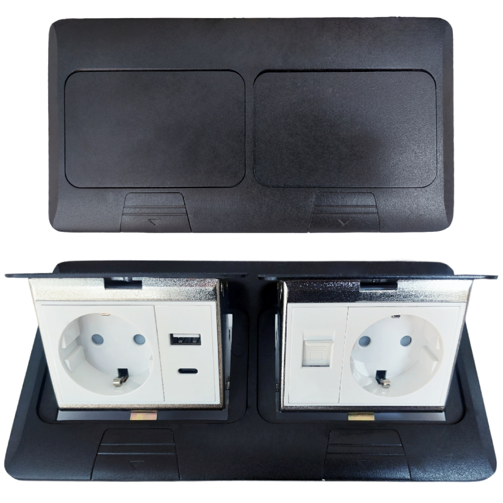 Лючок в пол 2-РОЗЕТКА + USB+TYPE-C + INT (цвет черный)