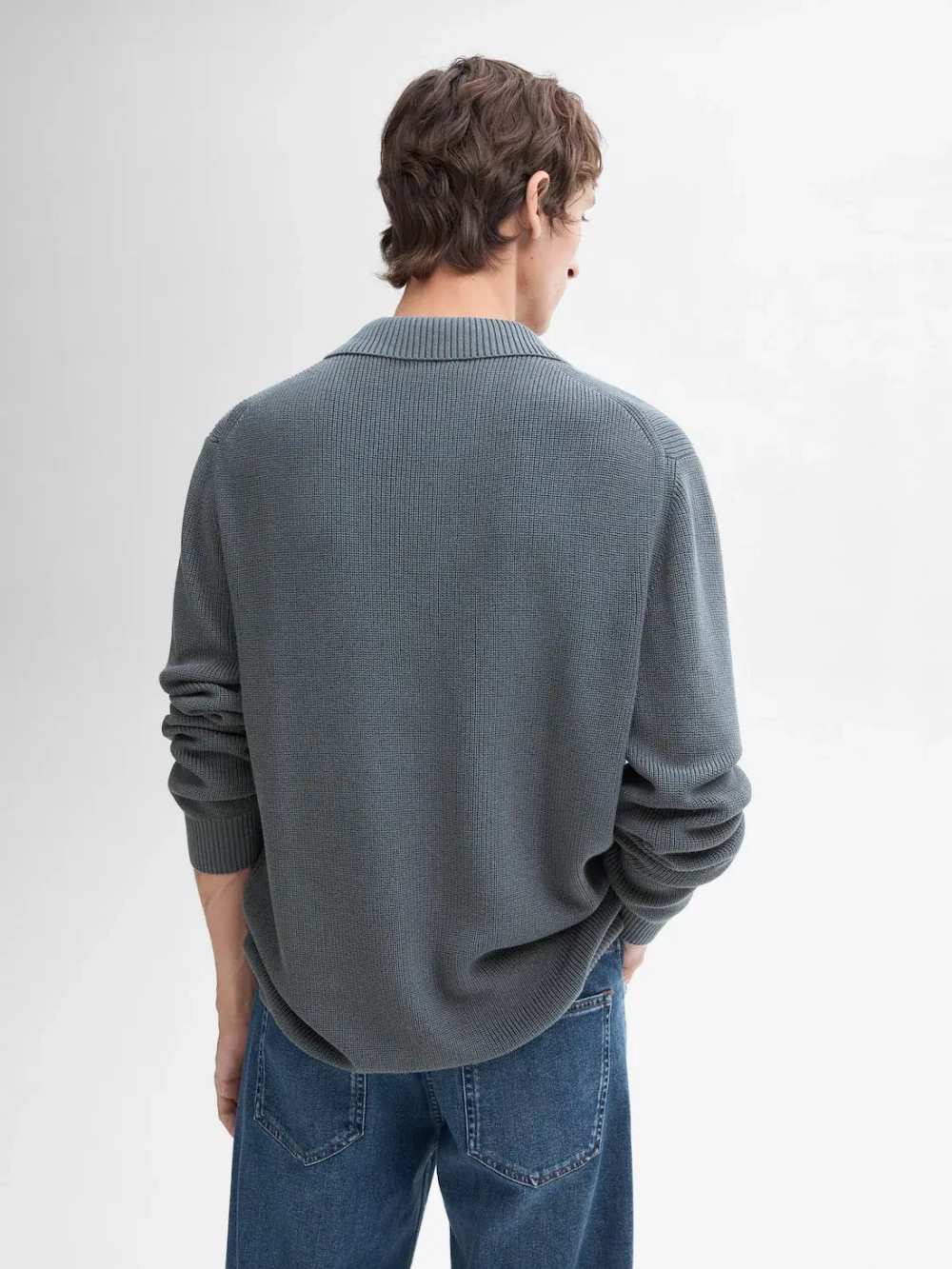 Massimo Dutti Хлопковый свитер с воротником поло, синеватый