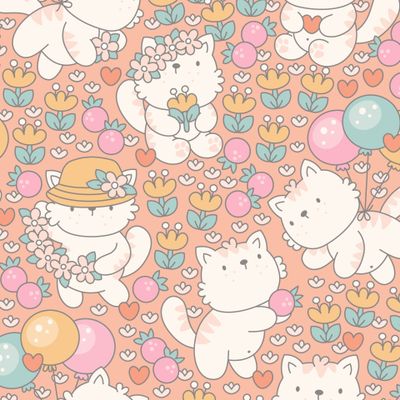 Милые котики в цветочках. Персиковый