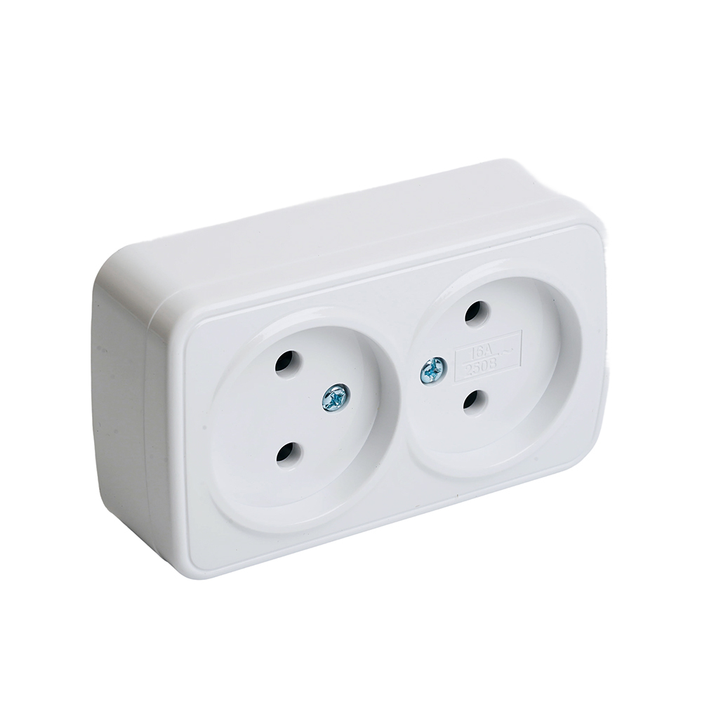 Розетка накладная 2-местная б/з STEKKER, PST10-502-20, пластик АВS, 250В, 16А, IP20, серия Basic, белый 50075