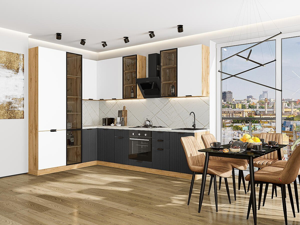 Прямая модульная кухня Евро Лайн-07 Белый/Антрацит - Дуб Вотан 2340*2000/3000*600