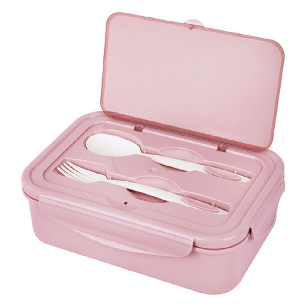 Ланч-бокс контейнер, 2 секции, 3+1 отделения, 1,4 л, ложка, вилка, 7х21х14 см, розовый, JOYLUX (ДЖОЙЛЮКС), 609348