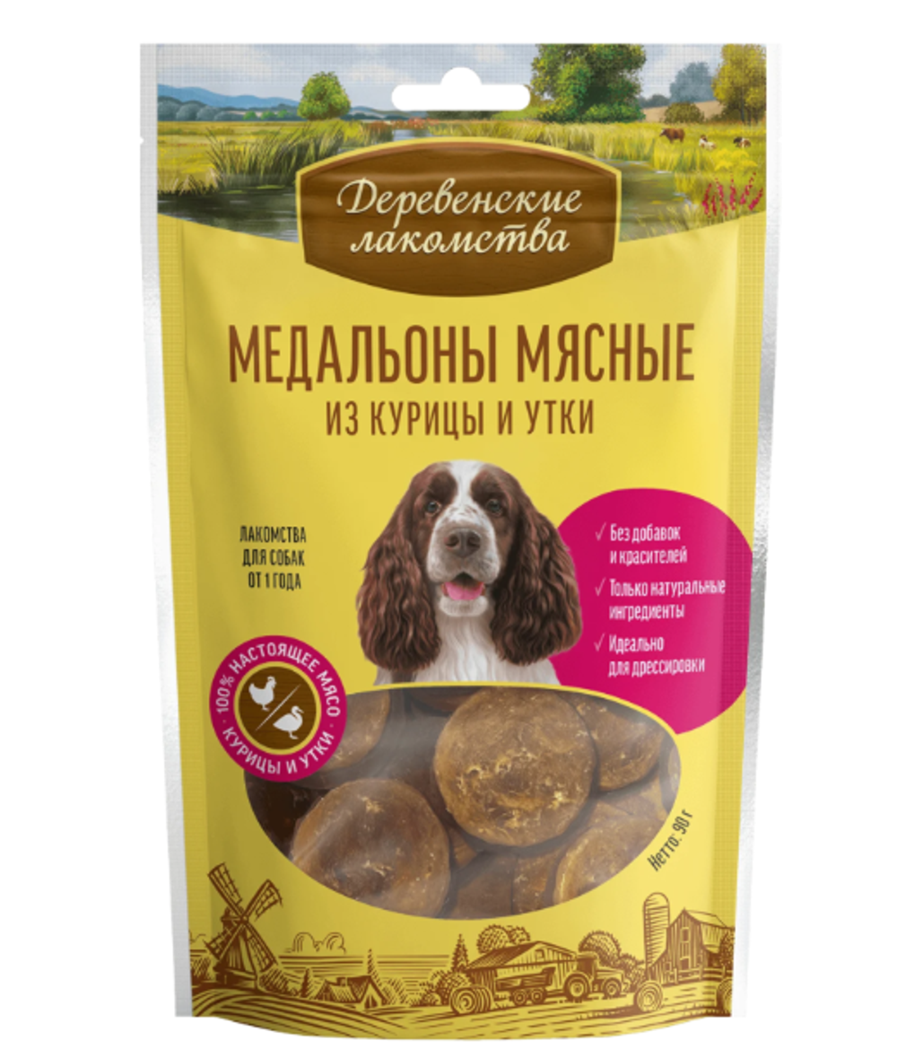 Деревенские Лакомства д/собак Медальоны из Курицы и Утки, 90гр