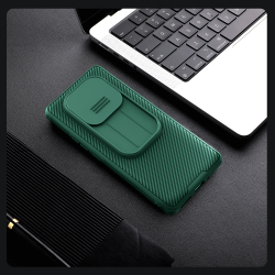 Усиленный чехол зеленого цвета (Dark Green) с сдвижной шторкой для камеры от Nillkin для Xiaomi Redmi Note 14 Pro 5G и Mi Poco X7 5G, серия CamShield Pro Case