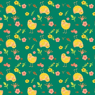 Цыпленок и цветы на зеленом фоне