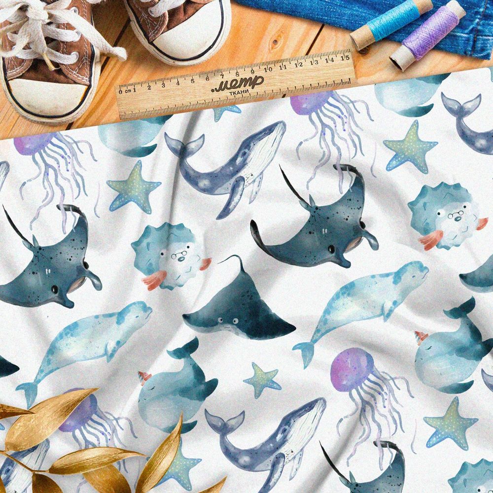 Ткань оксфорд 600 обитатели океана на белом фоне