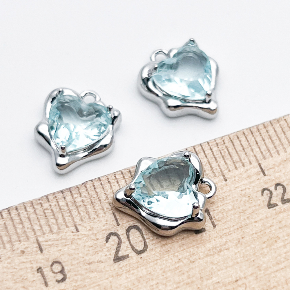 Подвеска Сердце, цвет серебро (родий) + аквамарин, размер 13*10 мм, цена за 1 шт