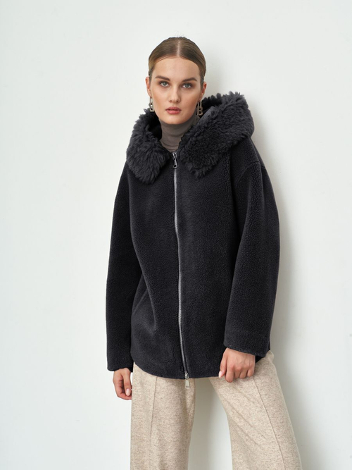 Шуба с капюшоном, черная, Северина