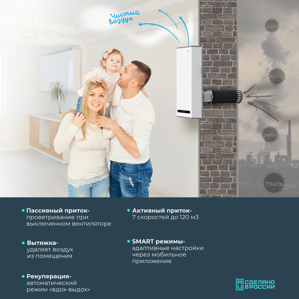 Рекуператор воздуха VAKIO BASE SMART белый - умная вентиляция в квартире или доме