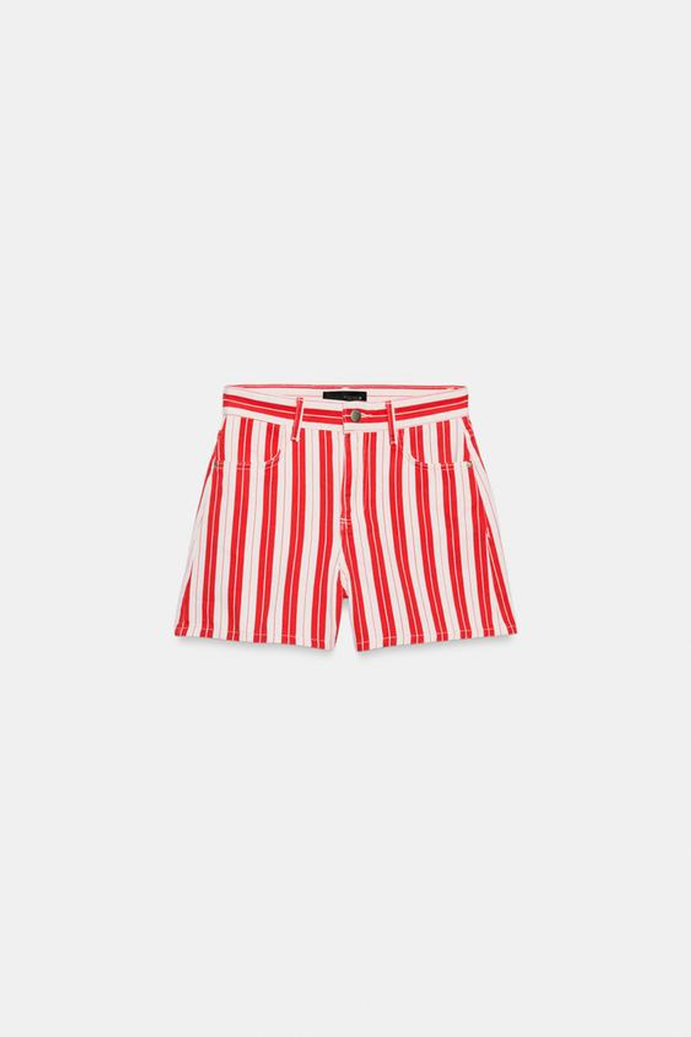 ZARA ШОРТЫ MOM FIT В ПОЛОСКУ, КРАСНАЯ ПОЛОСКА