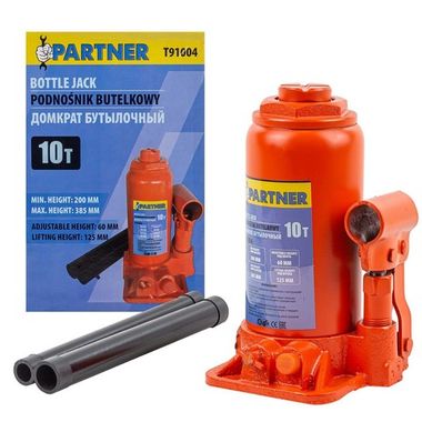 Домкрат бутылочный 10т с клапаном (h min 200мм, h max 385мм, ход штока-125мм, ход винта-60мм) Partner PA-T91004