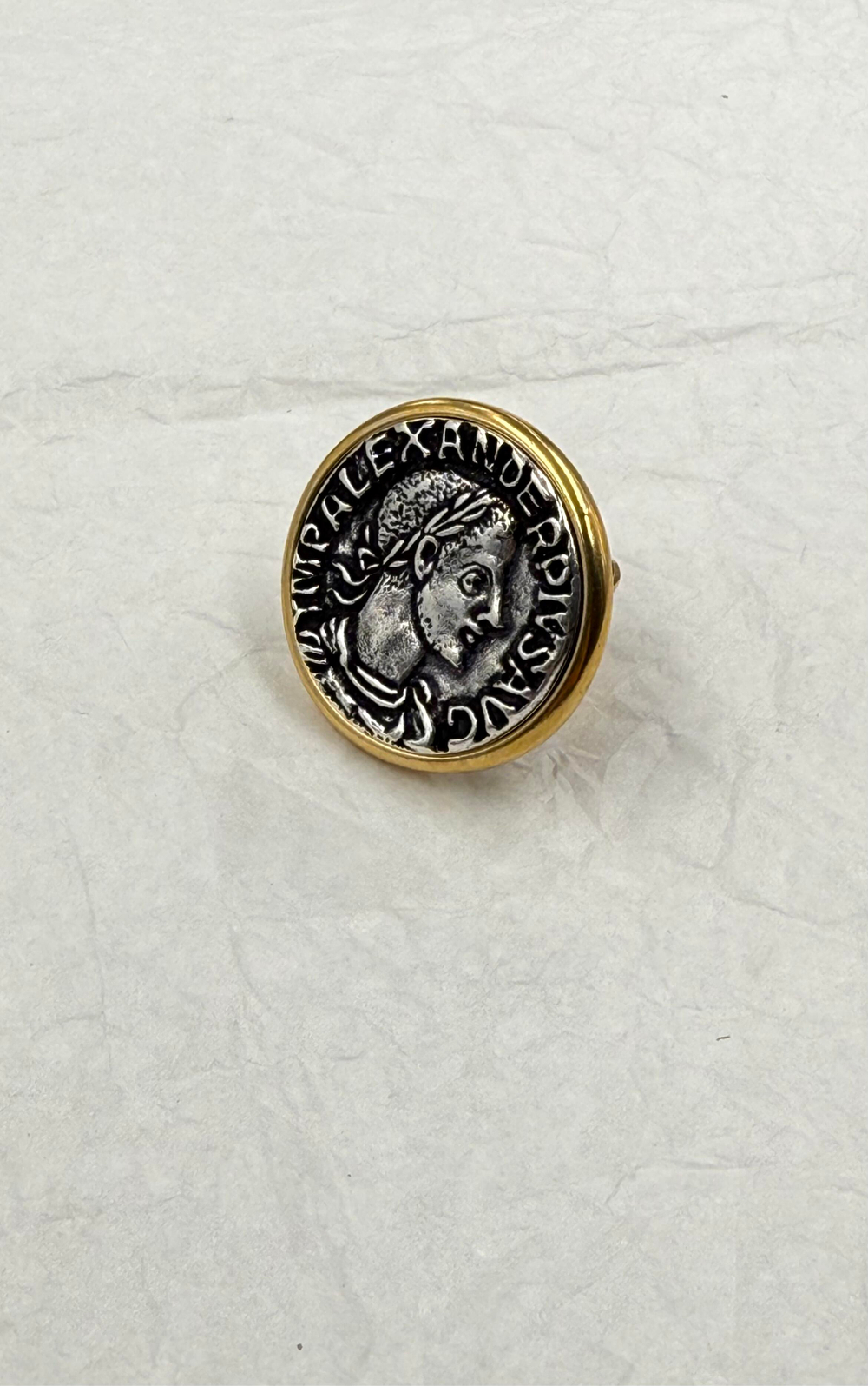 Кольцо большая монета с профилем римс.импер. Марка Авр. Севе́р Алекса́ндра,серебро с зол.окантовкой