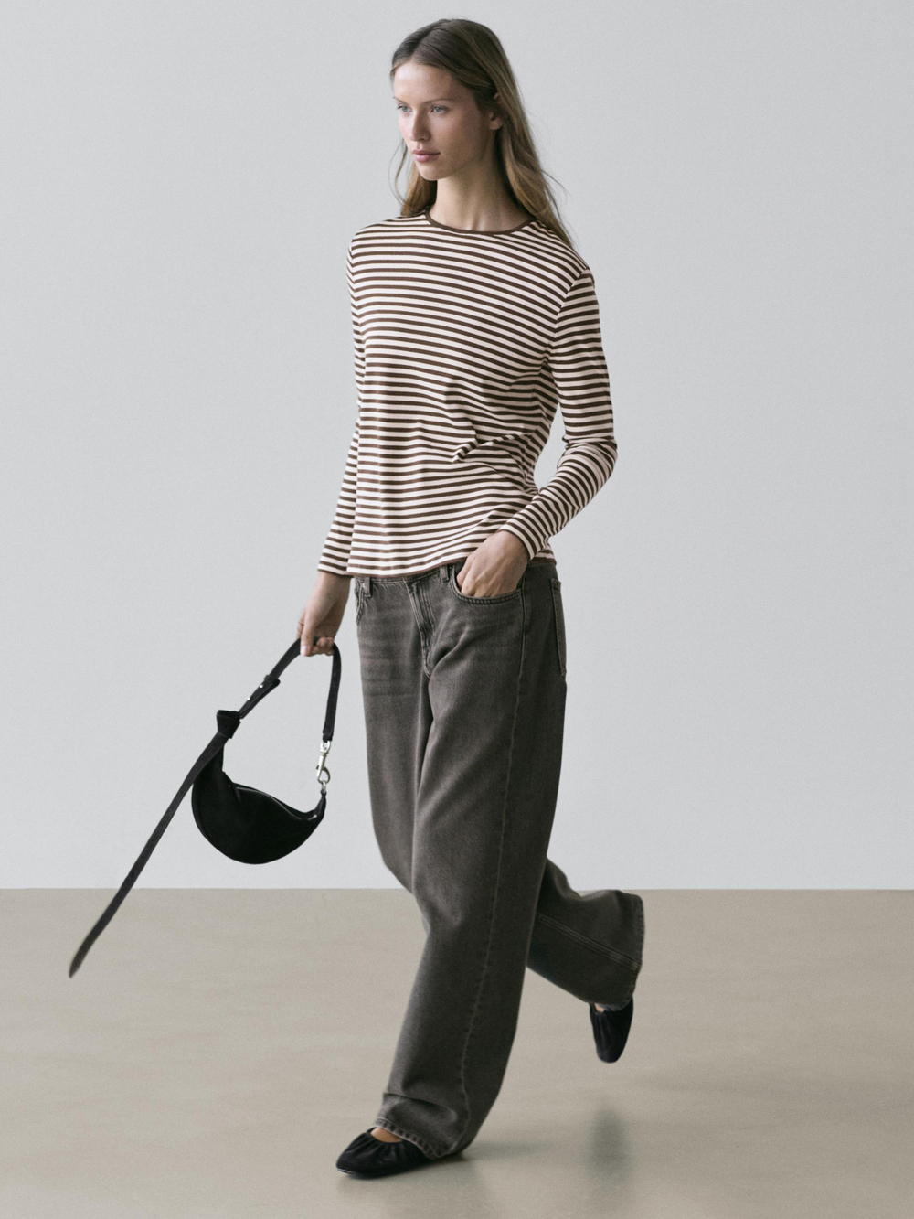 Massimo Dutti Футболка в полоску с длинными рукавами и контрастной отделкой, светло-коричневый