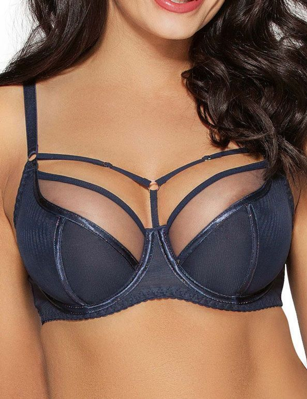 Темно-синий бюстгальтер на косточках plus size с декоративными бретелями (Размер: 85J) (Цвет: темно-синий)