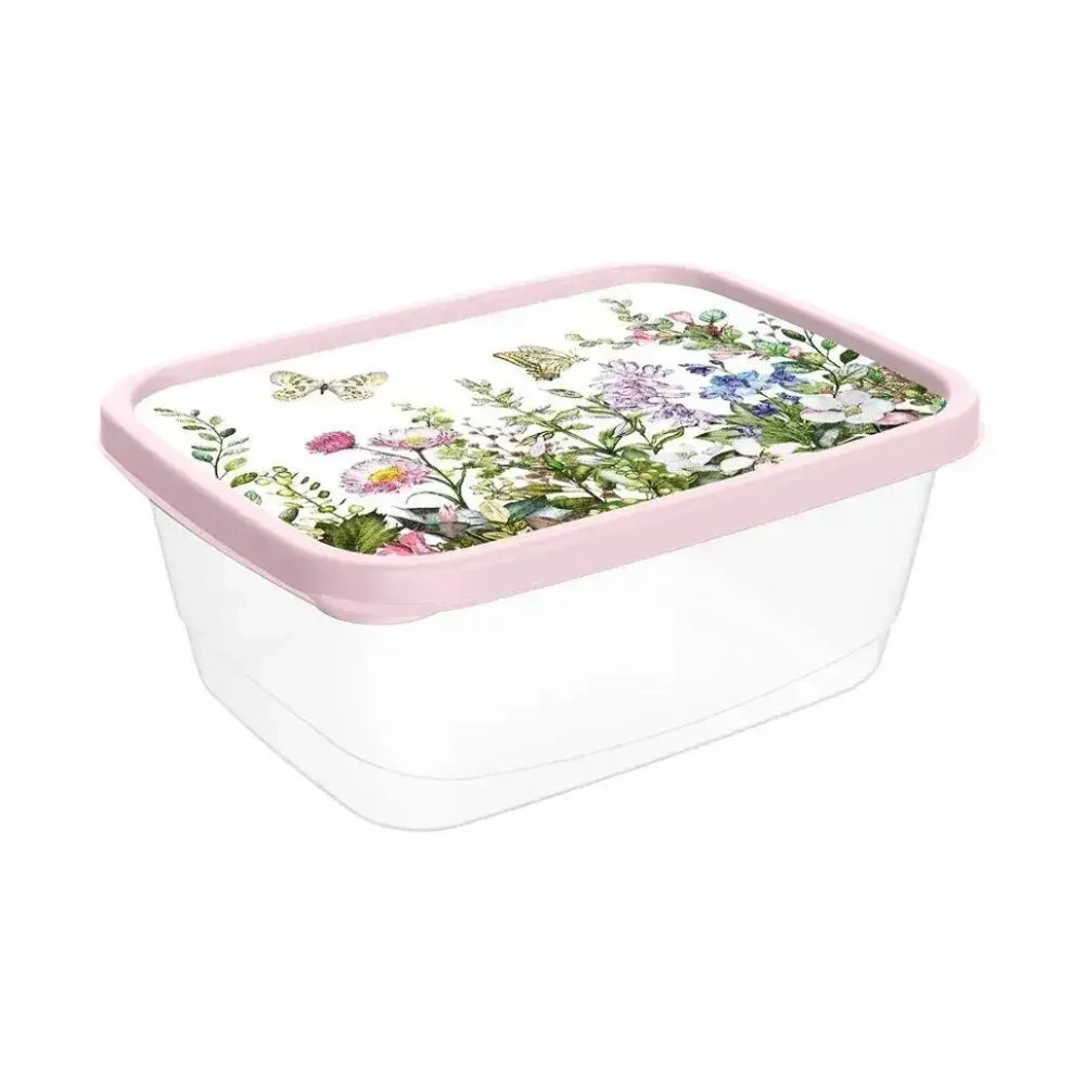 Контейнер для продуктов прямоугольный 0,85л с декором Цветущий луг, Светло-розовый
