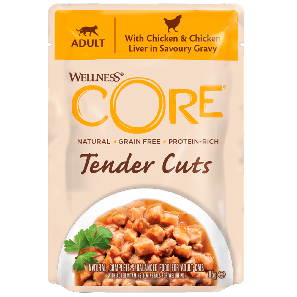 CORE TENDER CUTS паучи из курицы с куриной печенью в виде нарезки в соусе для кошек 85 г