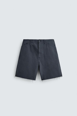 ZARA ХЛОПКОВЫЕ ШОРТЫ ИЗ ТКАНИ В ЁЛОЧКУ С ЭФФЕКТОМ ПОТЕРТОСТИ, ТЕМНЫЙ ИНДИГО