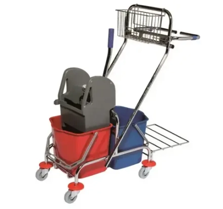 Тележка двухведерная 2х15л с механическим отжимом и корзиной хром с держателем для пакета