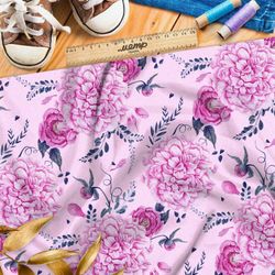 Ткань поплин крупные нежные георгины на розовом фоне