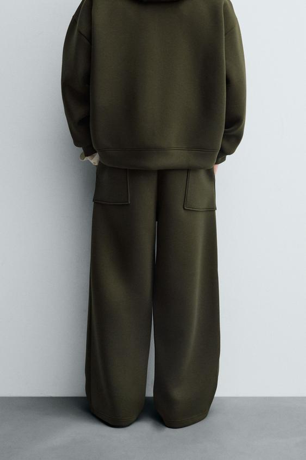 ZARA БРЮКИ INTERLOCK WIDE FIT, ТЕМНО-ЗЕЛЕНЫЙ