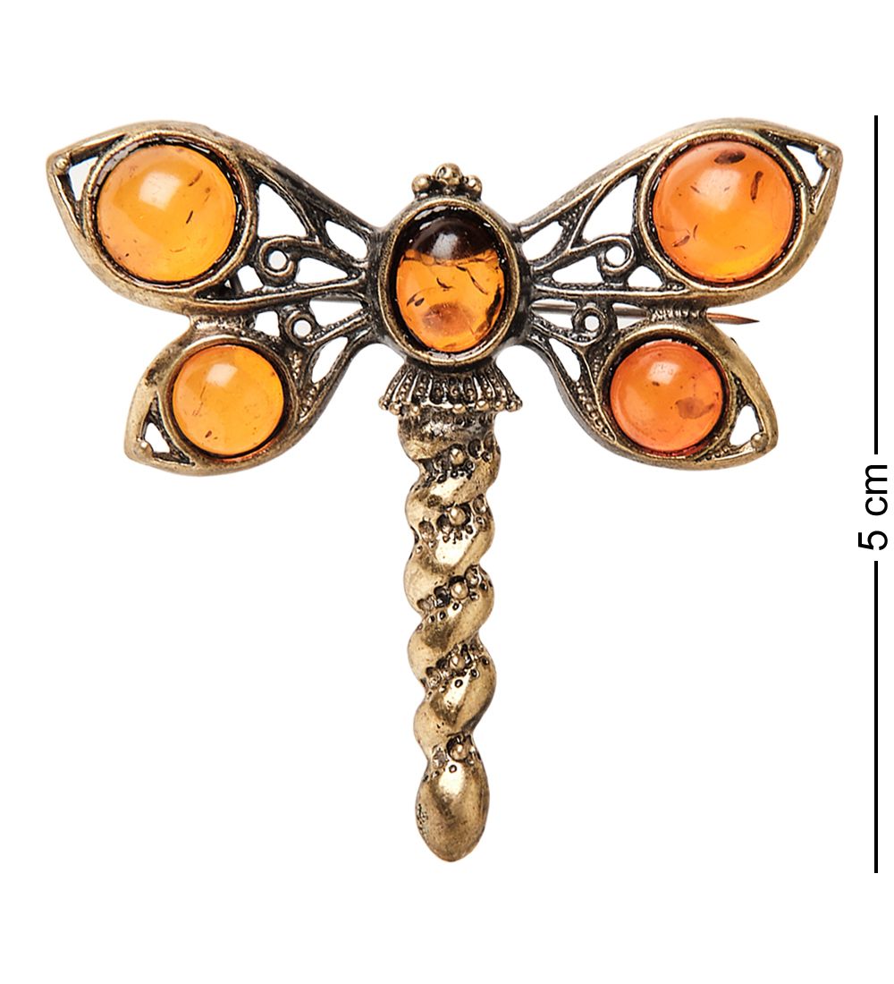 AM-1801 Брошь «Стрекоза Стрелка» (латунь, янтарь)
