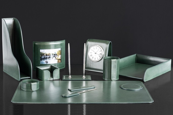 Настольный набор ЛЮКС 11 предметов из зеленой кожи Full Grain Toscana Green