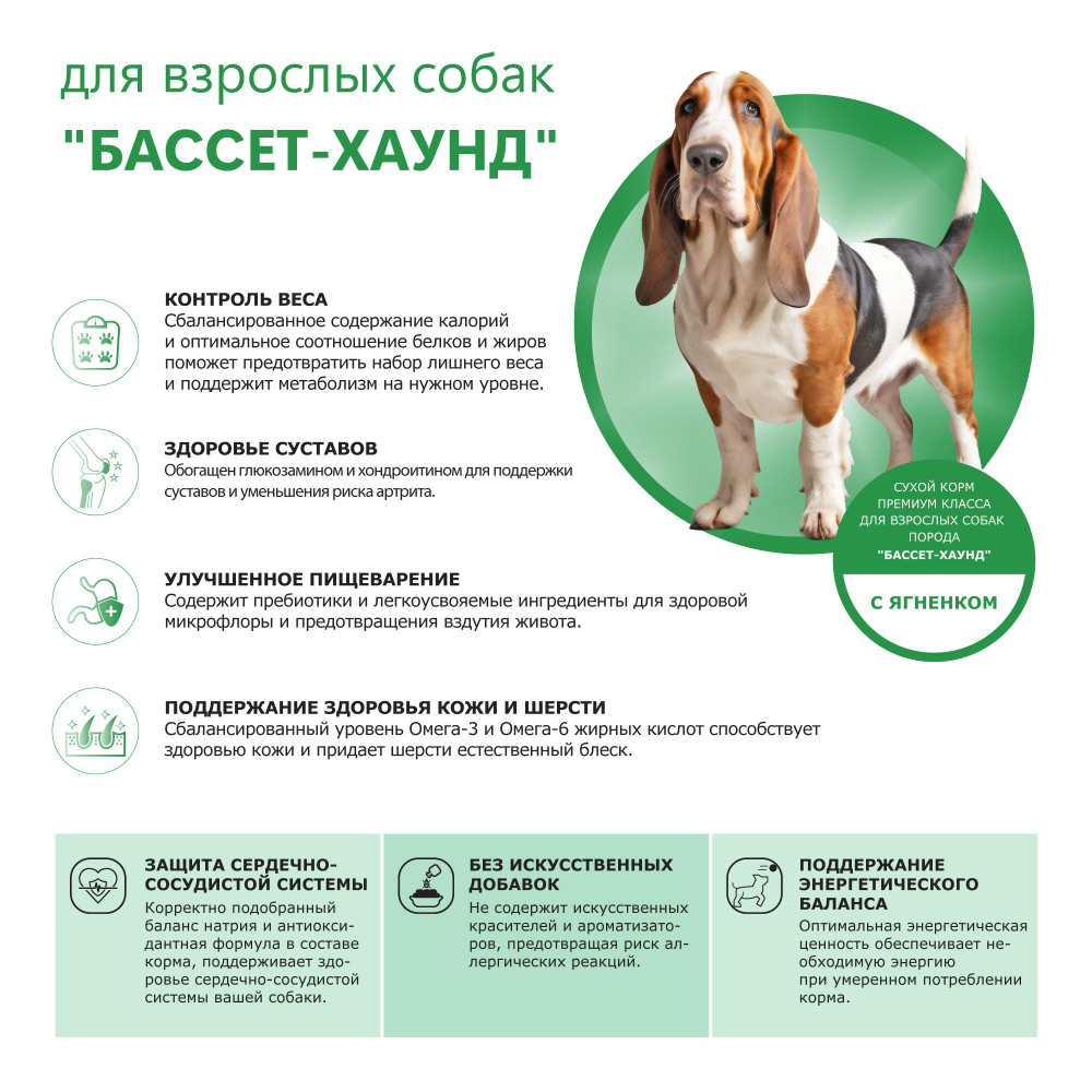 Корм сухой для взрослых собак породы Бассет-хаунд, с ягненком, 12 кг, QUATTRO