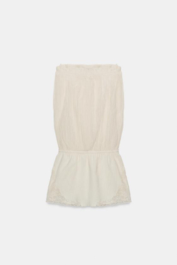 ZARA ПЛАТЬЕ БЕЗ БРЕТЕЛЕК ИЗ КОМБИНИРОВАННЫХ ТКАНЕЙ С ВЫШИВКОЙ, ЖЕЛТОВАТО-БЕЛЫЙ