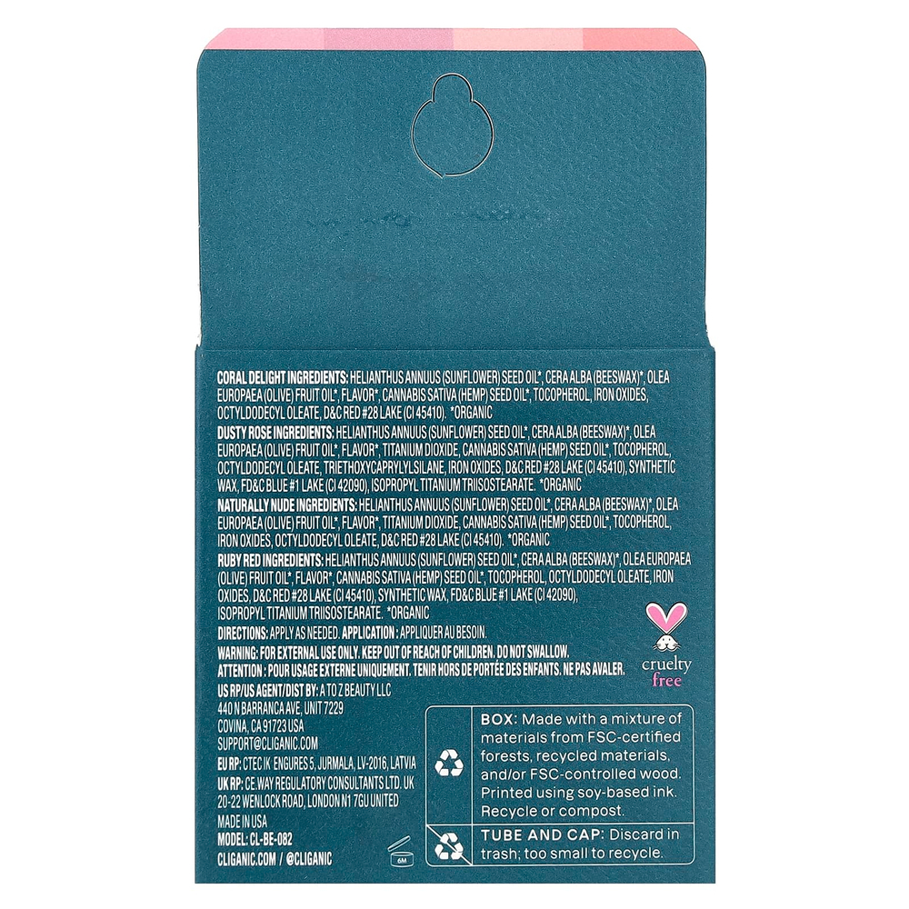 Cliganic, набор оттеночных бальзамов для губ, оттенок, 4 тюбика по 4,25 г (0,15 унции)