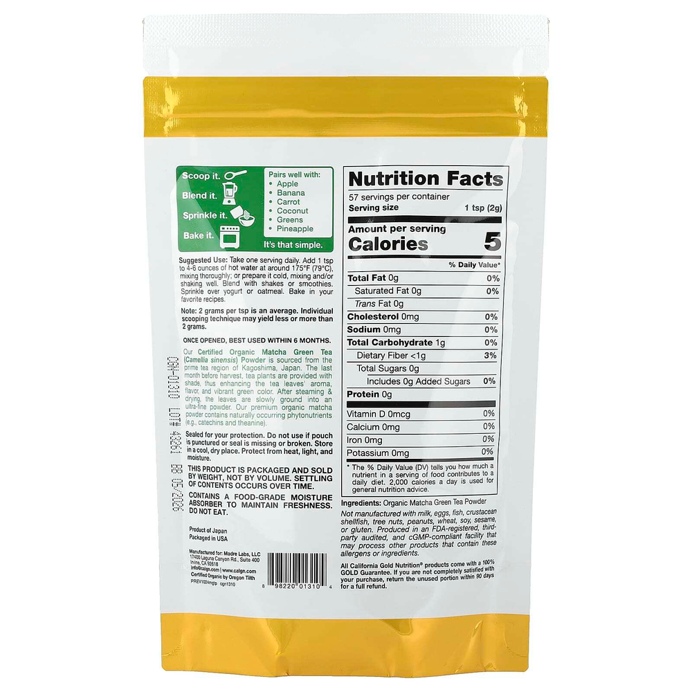 California Gold Nutrition, Superfoods, органический зеленый чай матча в порошке, 114 г (4 унции)