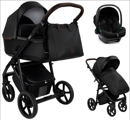 Детская коляска Roan Esso 2025 Кожа 3 в 1 с автокреслом Tutis Elo Lux Black ESSK/210/1 Black /Black/руч.Тем.коричневый