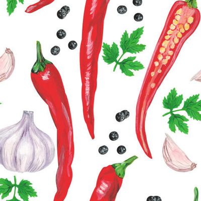 Красный острый перец чили, чеснок, специи