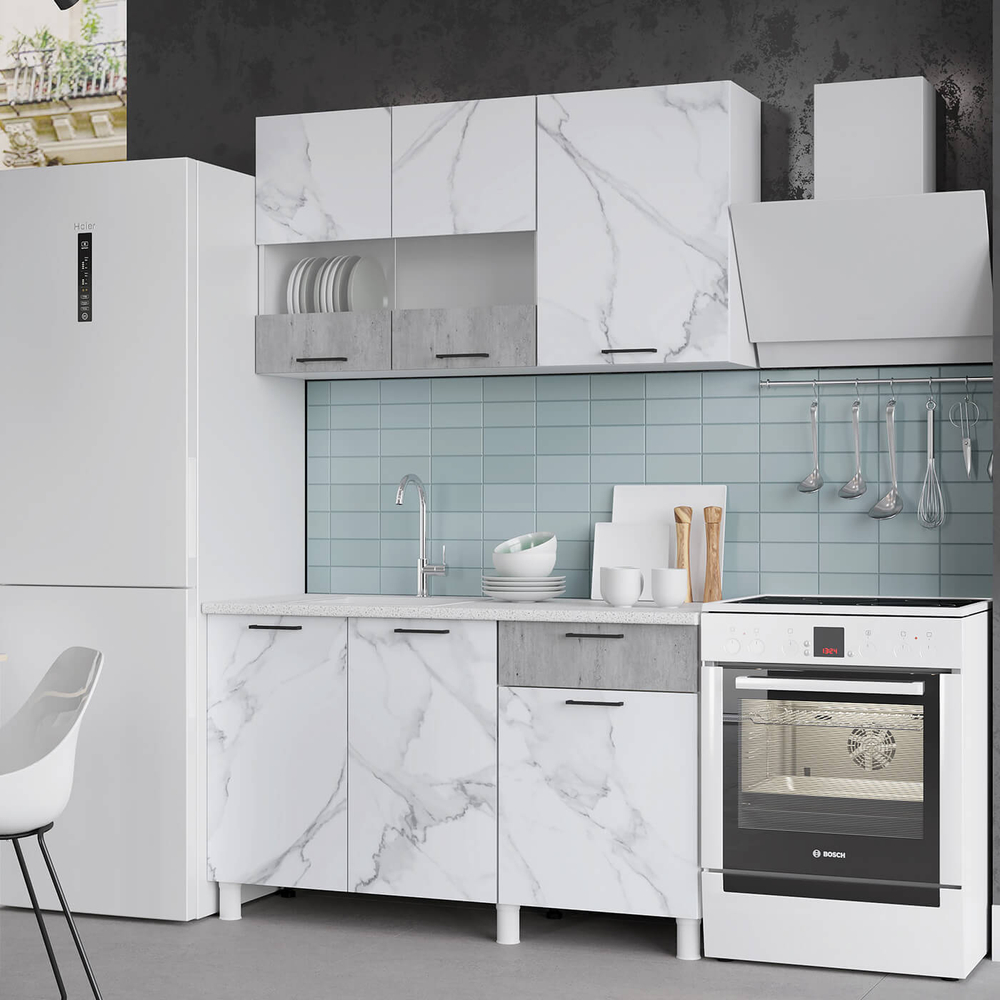 "Trend 1300" МДФ Арктик - мурено, мрамор милк - холст латте, холст сапфир - холст молоко, белый эмалит - холст вулкан, белый эмалит - бетон лайт, мрамор арктик - бетон грей