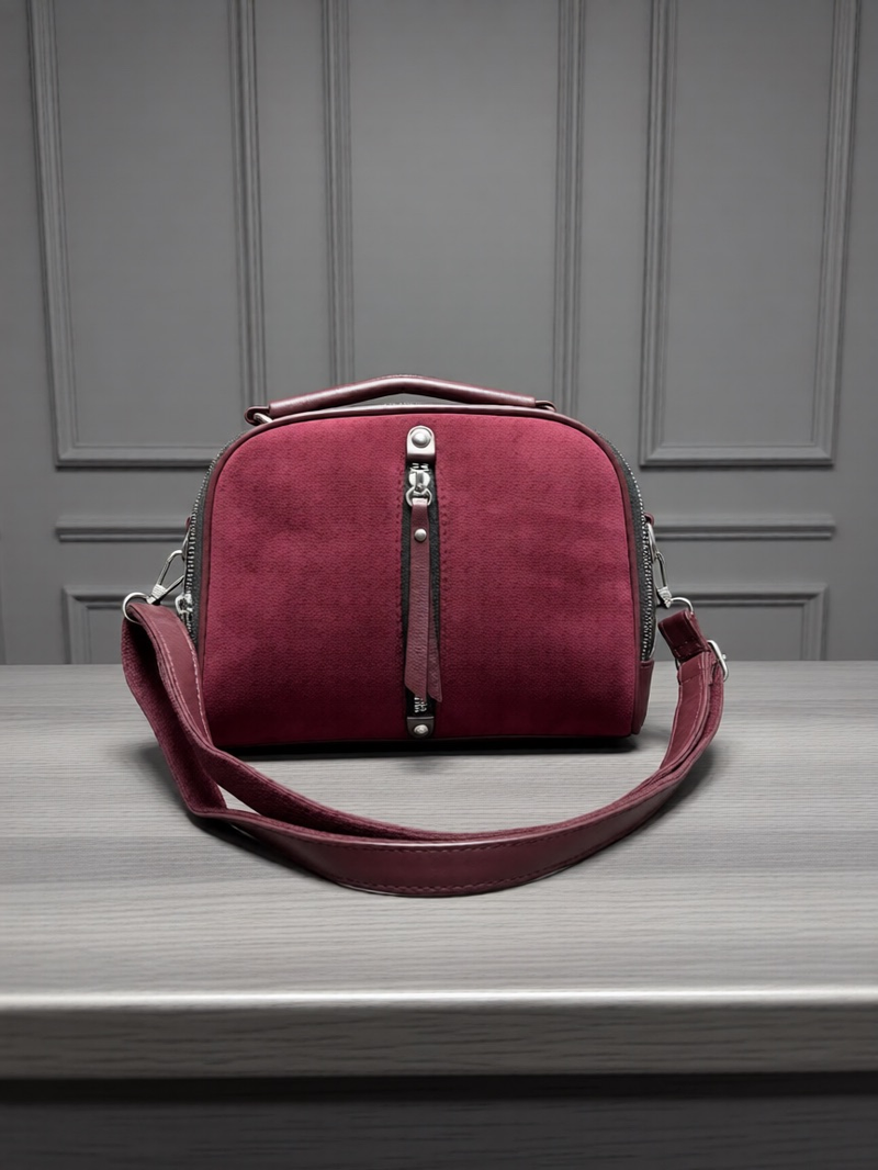 Сумка женская из экокожи с вельветом бордовая QOZA