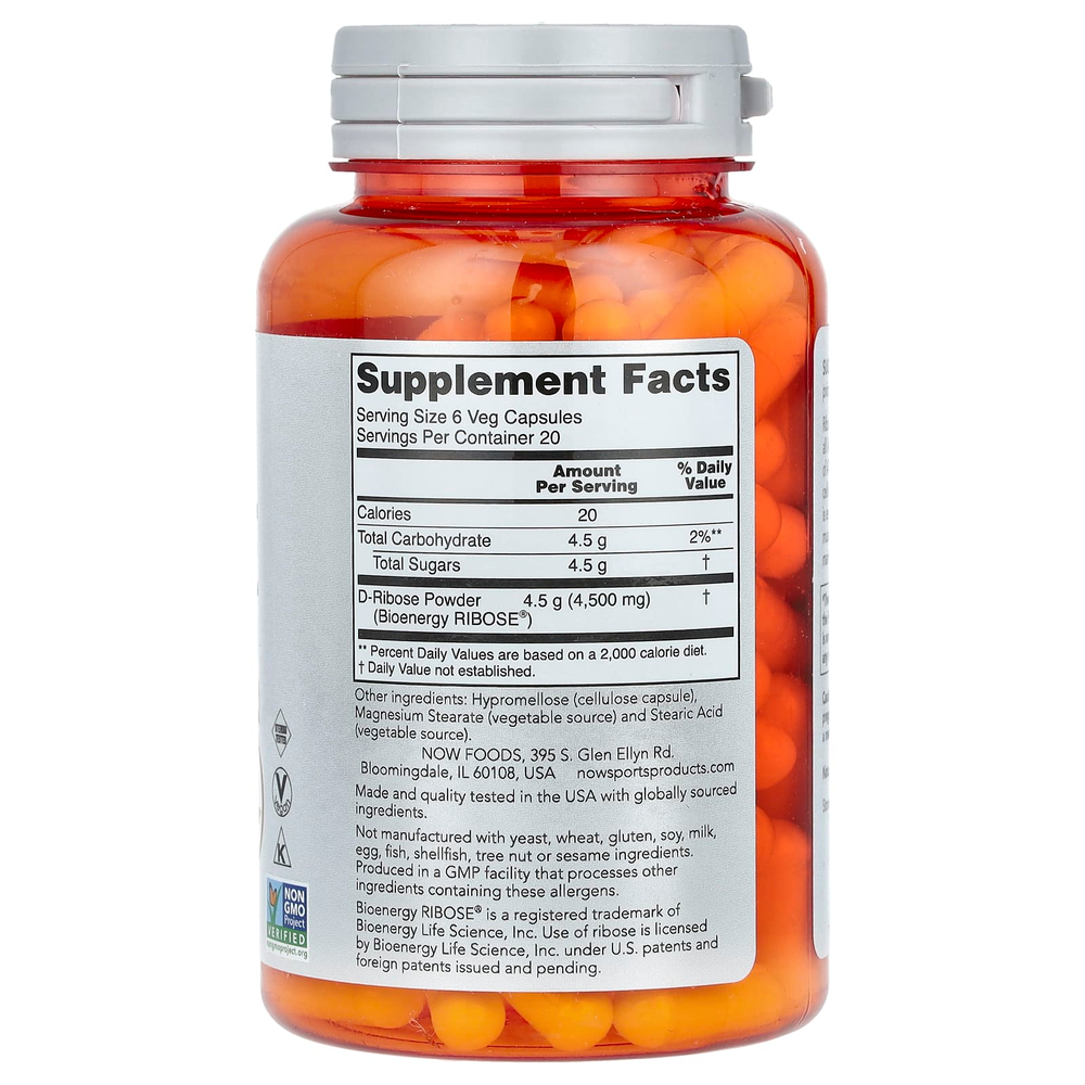 NOW Foods, Sports, D-рибоза, 750 мг, 120 растительных капсул (125 мг в 1 капсуле)