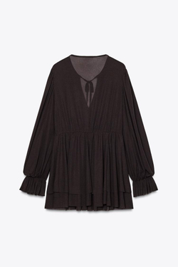 ZARA КОРОТКОЕ ПЛАТЬЕ С ВОЛАНАМИ, ШОКОЛАДНЫЙ