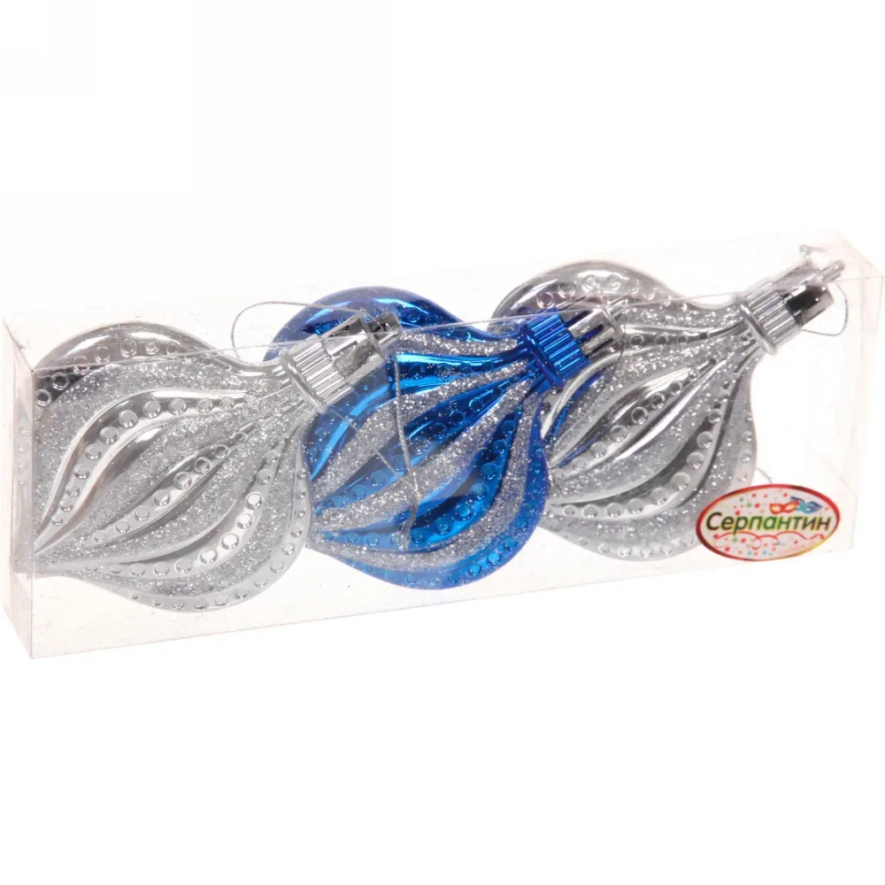 Ёлочные игрушки «Капельки» 8,5 см (набор 3 шт), серебро, синий