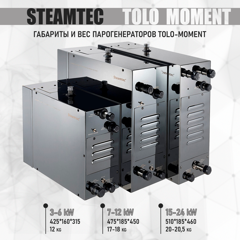 Steamtec TOLO MOMENT 225 - 22,5 кВт парогенераторы для хамама и турецкой бани / Серия PLATINUM со встроенной музыкой, пультом на 9-ти языках и возможностью монтажа без термодатчиков