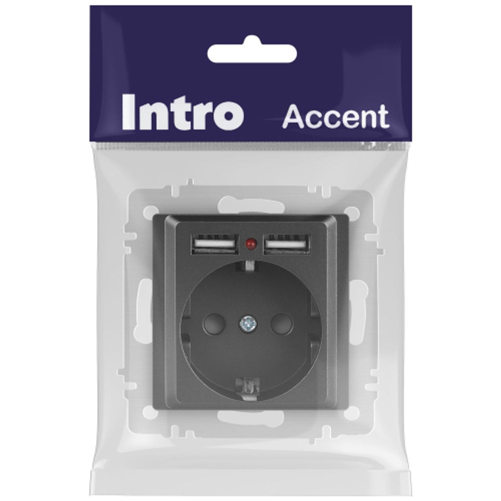 Розетка Intro Accent 6-410-07 с заземлением 2P+E Schuko со шторками 16А-250В + 2хUSB IP20 СУ графит | Intro