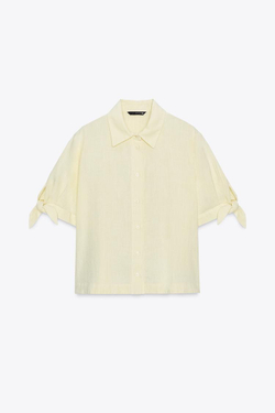 ZARA РУБАШКА ИЗ РАМИ С КОРОТКИМИ РУКАВАМИ И ЗАВЯЗКАМИ, ЖЕЛТЫЙ