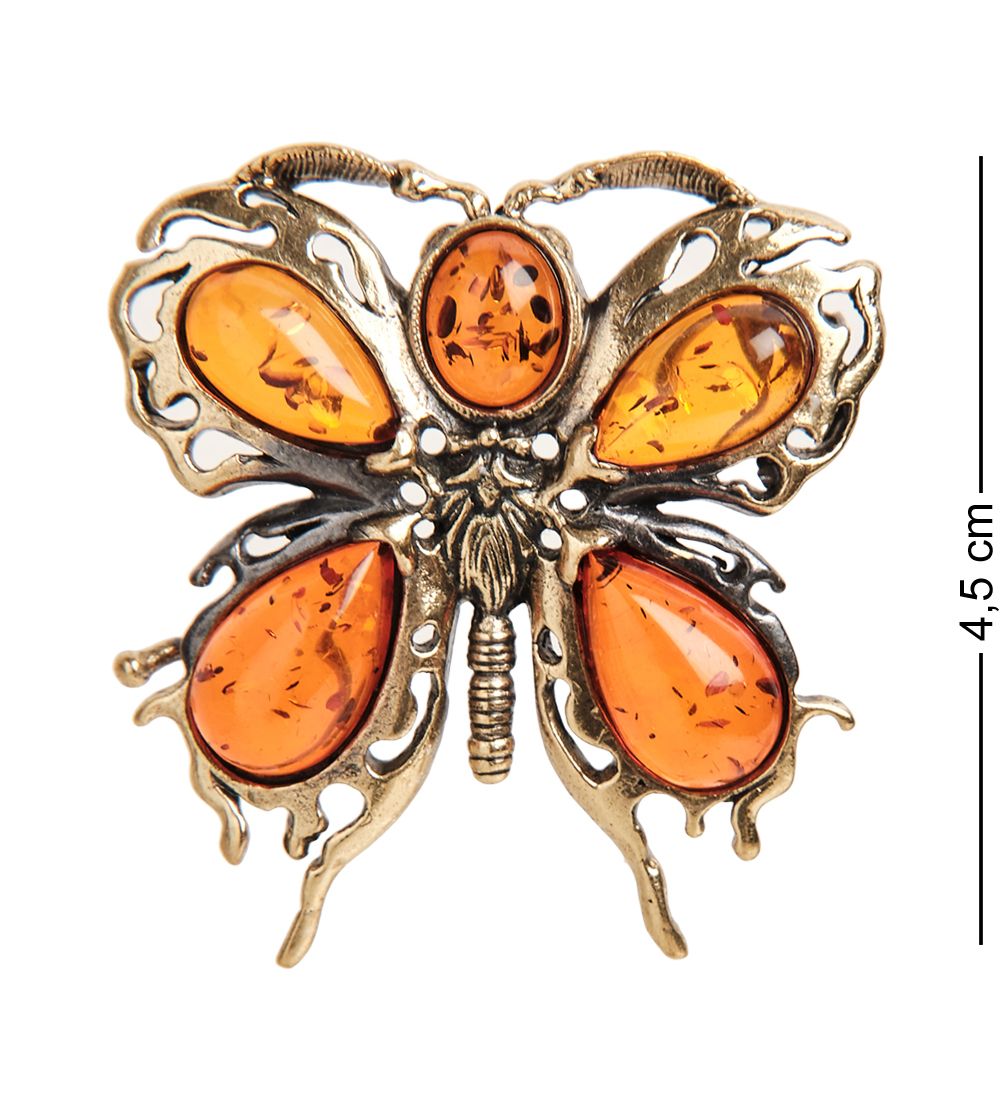 AM- 868 Брошь «Бабочка Бархатница» (латунь, янтарь)