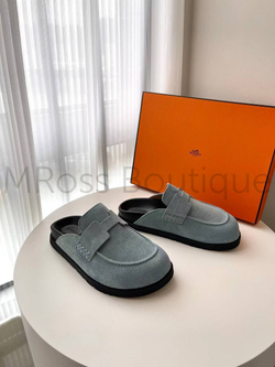 Женские мюли Hermes в голубом цвете из замши