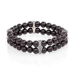 Двойной браслет из черного кварца 6 мм с шармами из мельхиора