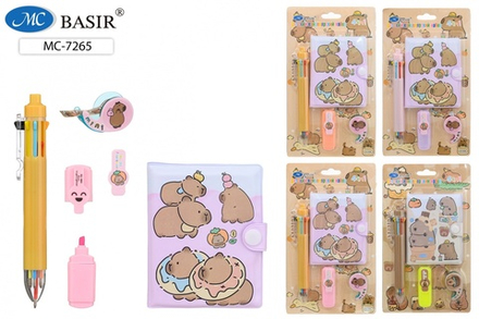 Блокнот 103*80мм клеевой кор. "Капибара" лин, на кнопке + мини-ручка, текстмаркер, скотч