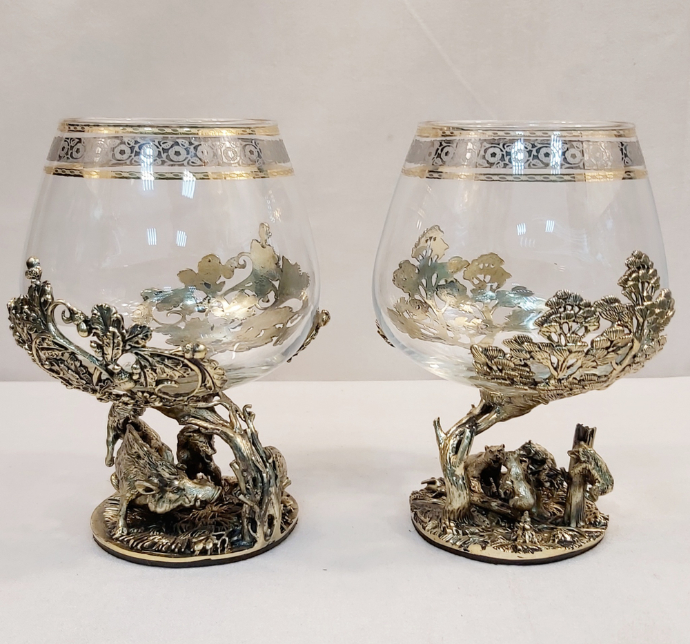 Набор из 2-х бокалов для коньяка "Охота на вепря и Мишки на дереве" (подарочный футляр)