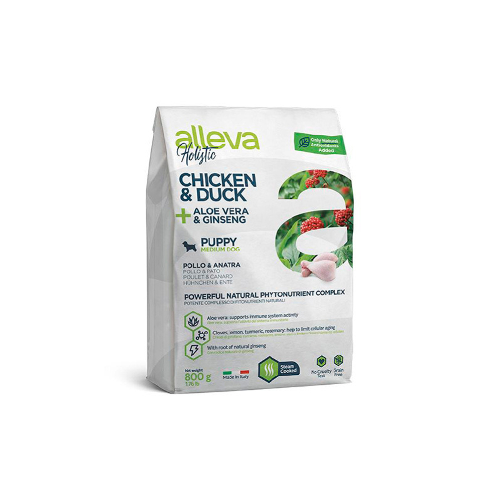 Беззерновой корм Alleva Holistic, для щенков средних пород, курица/утка/алоэ/женьшень, 800 г