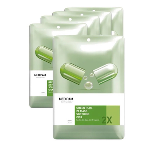 Успокаивающая маска Двойной уход с Центеллой Medipam Green Plus 2x Mask Soothing Cica 5шт