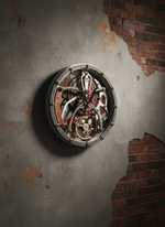 Настенные часы WOODandROOT Automaton 1277 Tourbillon с открытым механизмом на бетонной стене с кирпичной вставкой и выраженной тёплой тенью.